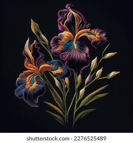 Tapestry colorful iris flower. Embroidered iris flowers, leaves. Embroidery floral modern background illustration. Beautiful stitch textured bright flowers. Stitching lines surface texture. Vector.