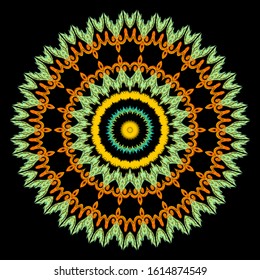 Tapestry colorful round mandala  pattern. Embroidery ornamental vector background. Ethnic tribal flowers, swirls, shapes. Textured  fabric pattern.  Patterned ornate embroidered carpet ornaments.