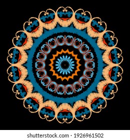 Tapestry colorful round mandala pattern. Embroidery ornamental vector background. Ethnic grunge abstract flowers, shapes. Textured rosette. Patterned embroidered ornaments. Ornate beautiful texture.