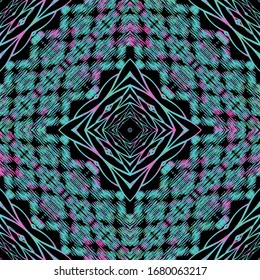 Tapestry colorful  seamless pattern. Embroidery ornamental modern vector background. Ethnic grunge zigzag lines, shapes. Textured geometric fabric pattern. Patterned tribal embroidered ornament.