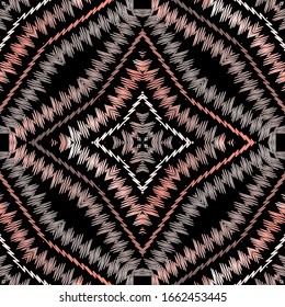 Tapestry colorful striped seamless pattern. Embroidery ornamental vector background. Ethnic grunge zigzag lines, stripes. Textured geometric fabric pattern. Patterned tribal embroidered ornament.