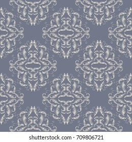 Tapestry embroidery  baroque seamless pattern. Damask vector floral grey background with hand drawn grunge vintage white flowers leaves and antique victorian style ornaments.