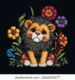 Tapestry embroidery textured colorful sad cute little lion. Floral ornamental bright pattern background illustration with multicolor flowers, leaves. Cartoon embroidered lion. Stitching lines texture