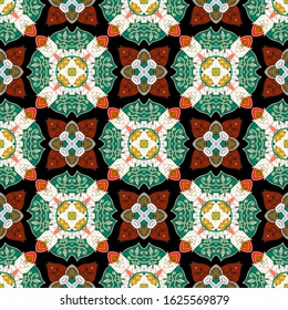 Tapestry ethnic colorful vector seamless pattern. Ornamental textured background. Tribal patterned repeat grunge backdrop. Embroidered abstract floral ornaments. Embroidery texture. Ornate design.