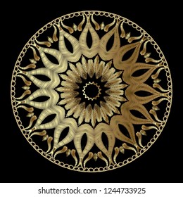 Tapestry floral abstract vector mandala pattern. Ornamental gold textured background. Decorative embroidered ethnic flowers ornament. Grunge backdrop. Embroidered patterned round mandala design