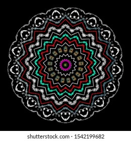 Tapestry floral abstract vector mandala pattern. Ornamental colorful textured background. Decorative embroidered ethnic flowers ornament. Grunge backdrop. Embroidered patterned zigzag mandala design.
