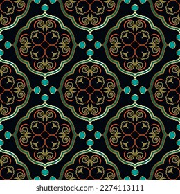 Tapestry floral arabesque vector seamless pattern. Ornamental textured background. Colorful embroidered zigzag stitching  flowers ornament. Repeat grunge backdrop. Embroidered patterned design.