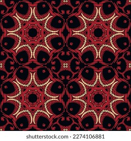 Tapiz floral hermosa vectorial sin costuras. Fondo de textura ornamental. Decorativo adorno de flores rojas en zigzag bordado. Repetir el fondo de color gris. Textura con motivos bordados.