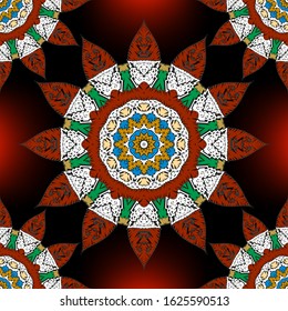 Tapestry floral colorful vector mandalas seamless pattern. Ornamental textured glowing background. Tribal ethnic repeat grunge backdrop. Embroidered abstract flowers ornaments. Embroidery texture.