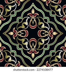 Tapestry floral Damask vector seamless pattern. Ornamental textured background. Colorful embroidered zigzag stitching  flowers ornament. Repeat grunge backdrop. Embroidered patterned design.