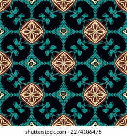 Tapestry floral ethnic style vector seamless pattern. Ornamental textured background. Decorative embroidered zigzag stitching   ornament. Repeat grunge backdrop. Embroidered patterned endless texture.