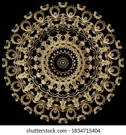 Patrón de mandala redonda floral de tapicería. Fondo de textura ornamental. Repetir el fondo vectorial. Ornamento de estilo barroco Damasco bordado en oro. Flores doradas de bordado vintage, hojas. Textura gruesa.