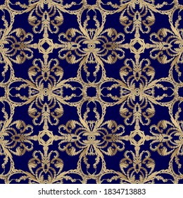 Patrón floral sin costuras. Fondo azul ornamental texturado. Repetir el fondo vectorial. Ornamento de estilo barroco Damasco bordado en oro. Flores doradas de bordado vintage, hojas. Textura gruesa.