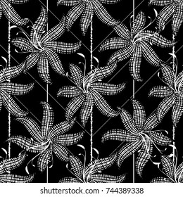 Tapestry floral seamless pattern. Stroke abstract background. Striped grunge doodle flowers with embroidery effect. Hatching flowers with dashed lines. Vector shade texture. Modern stylish wallpaper.