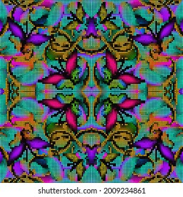 Patrón floral sin costuras. Fondo de estilo bordado texturizado. Vector grunge bello fondo. Ornamento digital geométrico de media tonalidad cuadrada. Flores abstractas, mariposas voladoras, efectos.