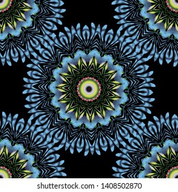 Tapestry floral vector seamless mandala pattern. Ornamental colorful  textured background. Embroidered paisley flowers ornament. Repeat grunge bright backdrop. Embroidered patterned mandala design