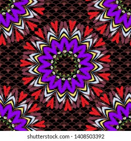 Tapestry floral vector seamless mandala pattern. Ornamental colorful lace textured background. Embroidered flowers and love hearts   ornament. Repeat grunge backdrop. Embroidered patterned design