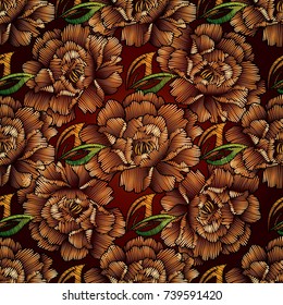 Tapestry floral vector seamless pattern. Grunge flourish dark red elegant background. Embroidery 3d flowers and leaves. Surface embroidered luxury tapestry texture with shadows and highlights. 