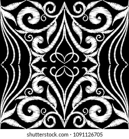 Tapestry floral vintage seamless pattern. Black and white monochrome abstract background. Hand drawn decorative embroidered flowers, swirl lines, curves, stripes, leaves. Grunge embroidery texture.