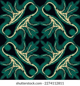 Tapestry floral vintage vector seamless pattern. Ornamental textured background. Decorative embroidered zigzag stitching green flowers ornament. Repeat grunge backdrop. Embroidered patterned design.
