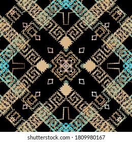 Tapestry geometric plaid seamless pattern. Textured vector tartan background. Repeat modern grunge backdrop. Greek key, meanders embroidered ornaments. Tribal ethnic style design. Endless texture.