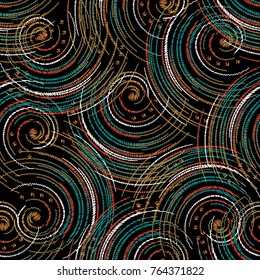 Tapestry geometric seamless pattern. Colorful vector embroidery background. Abstract grunge ornament. Swirl circles, lines, dots, stripes, waves, geometric shapes. Modern wallpaper. Embroidered design