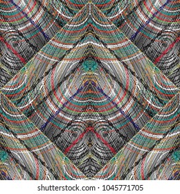 Tapestry geometric seamless pattern. Vector embroidery background. Abstract grunge ornaments. Swirl circles, lines, rhombus, stripes, waves, geometric shapes. Modern wallpaper. Embroidered design