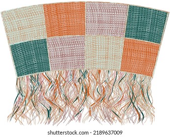 Tapestry with geometrical , grunge checkered, striped, arc pattern in green, orange, violet colors and with vertical fringe isolated on white