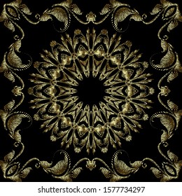 Tapestry gold 3d floral vector mandalas pattern. Leafy textured square frame. Grunge ornamental surface background. Vintage embroidered flowers, leaves. Baroque ornaments. Luxury repeat ornate design.