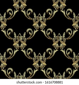 Tapestry gold Baroque 3d seamless pattern. Embroidery ornamental vector background. Damask grunge vintage golden flowers, shapes. Textured  fabric pattern.  Patterned  embroidered royal ornaments.