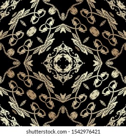 Tapestry gold Baroque style seamless pattern. Embroidery ornamental vector background. Damask grunge vintage golden flowers, shapes. Textured  fabric pattern.  Patterned  embroidered carpet ornaments.