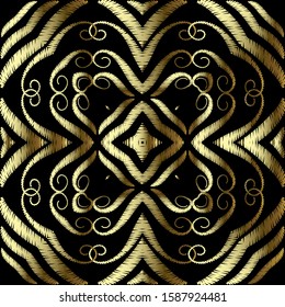 Tapestry gold vintage seamless pattern. Vector ornamental Damask background. Textured floral ethnic ornament with embroidery Paisley flowers, leaves, swirls, zigzag. Embroidered grunge ornate texture.