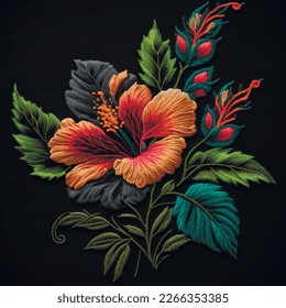 Tapestry hibiscus. Embroidered colorful flowers, buds, leaves on black background. Embroidery floral vector illustration with beautiful stitch textured hibiscus flower. Stitching lines surface texture