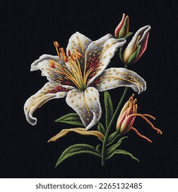 Tapestry lily. Embroidered white lily flower, buds, leaves on black background. Embroidery floral vector illustration with beautiful stitch textured lily flower. Stitching lines surface texture.