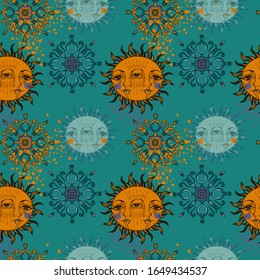 Tapestry medieval seamless pattern with sun. Bohemian, alchemy, occult vibes. Can be used for wallpapers, gift wrap, textile, duvets and linens