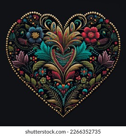 Tapestry ornamental floral love heart pattern background illustration. Embroidery colorful flowers leaves in love heart. Textured ethnic style modern decorative design. Embroidered bright texture.