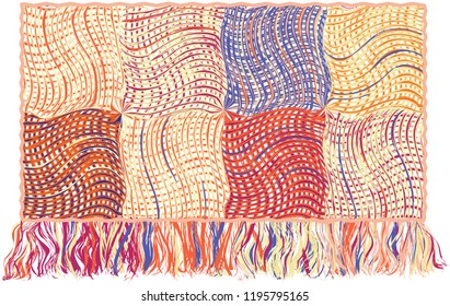 Tapestry with patchwork colorful pattern with grunge striped wavy elements and fringe isolated on white