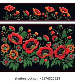 Tapestry red poppies flowers borders. Embroidered poppy flowers, leaves. Embroidery floral border background illustration. Beautiful stitch textured vector wildflowers. Stitching lines surface texture