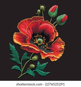 Tapestry red poppies flowers. Embroidered poppy flower, buds, leaves. Embroidery floral modern background illustration. Beautiful stitch textured vector wildflowers. Stitching lines surface texture. 