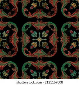 Patrón sin costuras del tapiz. Fondo del vector ornamental de textura étnica. Ornamento colorido de coser floral. Diseño de repetición bordado. Grunge una textura interminable. Flores de bordado, hojas, líneas de zigzag