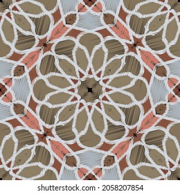 Tapestry seamless pattern. Floral textured vector background. Repeat grunge backdrop. Embroidered ornaments. Decorative arabesque style design with hatched lines, flowers, geometric shapes. Texture.