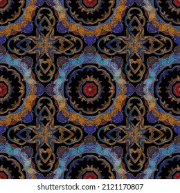 Wandnahtloses Muster. strukturierter arabischer Vektorhintergrund. Farbige arabische Blumenschmuck. Besticktes Wiederholdesign. Grunge endlose Textur. Stickereie Vintage Blumen, Blätter, Zickzacklinien.
