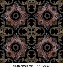 Tapestry seamless pattern. Textured ornamental vector background. Colorful floral ethnic ornament. Embroidered repeat design. Grunge endless texture. Embroidery vintage flowers, leaves, zigzag lines.