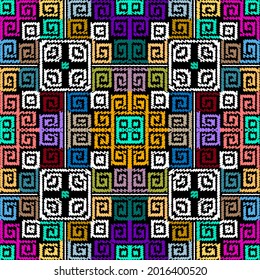 Tapestry seamless pattern. Vector embroidered colorful background. Repeat textured backdrop. Greek tribal ethnic style grunge ornaments. Zigzag lines with stitching effect. Embroidery endless texture.