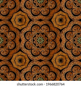 Tapestry seamless pattern. Vector ornamental textured background. Colorful floral grungy ornaments. Embroidered repeat ethnic design. Grunge endless texture. Embroidery flowers, leaves, shapes, lines.