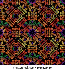 Tapestry seamless pattern. Vector ornamental textured background. Colorful floral vintage ornament in baroque style. Embroidered design. Grunge endless texture. Embroidery flowers, leaves, mandalas.