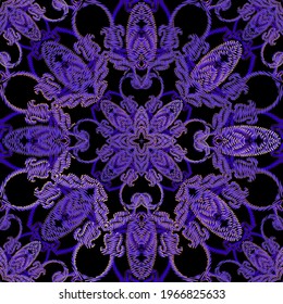 Tapestry seamless pattern. Vector ornamental textured background. Violet floral Damask ornament in baroque Victorian style. Embroidered design. Grunge endless texture. Embroidery flowers, leaves.