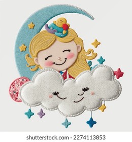 Tapestry sleeping little girl on the clouds. Embroidery cartoon princess on the sky. Textuted moon, stars. Smiling cute girl with blonde hair. Magic fantasy surface background illustration. Texture.