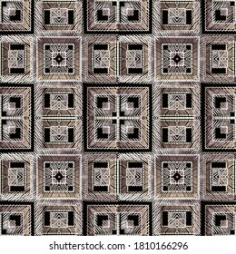 Tapestry-Quadrate plaid nahtloses Muster. Texturierte Vektorgrafik-Hintergrund. Wiederholen Sie die Grunge-Kulisse. Geometrische bestickte Ornamente. Stammes ethnisches Design. Endlose grundige Stickstruktur.