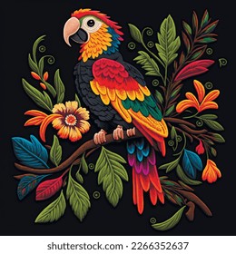 Tapestry textured bright parrot on the branch. Floral embroidery pattern background illustration. Stitch lines embroidered colorful texture. Decorative ornate beautiful surface design.